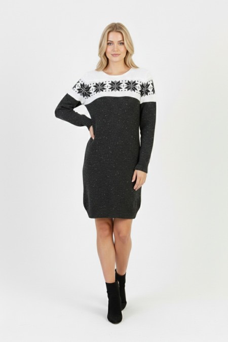 Kadın Füme Kar Tanesi Desenli Bisiklet Yaka Uzun Kollu Jakarlı Mini Triko Kazak Elbise