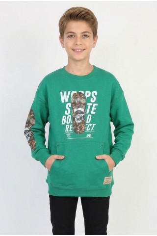 Erkek Çocuk Üç İplik Şardonlu Ön Ve Kol Baskılı Kanguru Cepli  Günlük Sweatshirt