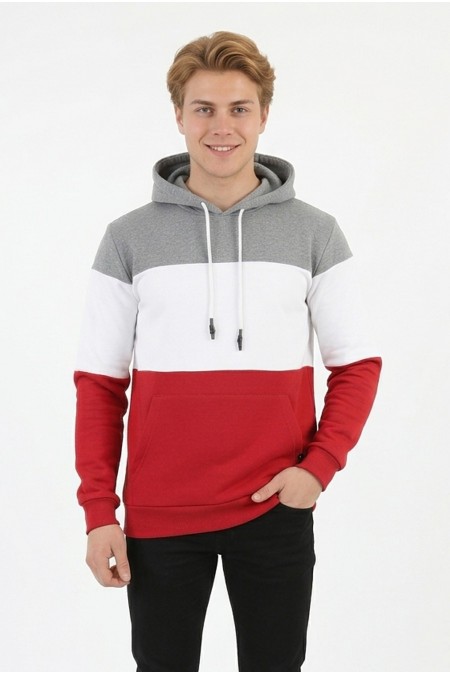 Erkek Üç İplik Şardonlu Kapüşonlu Parçalı Kanguru Cepli Günlük Sweatshirt
