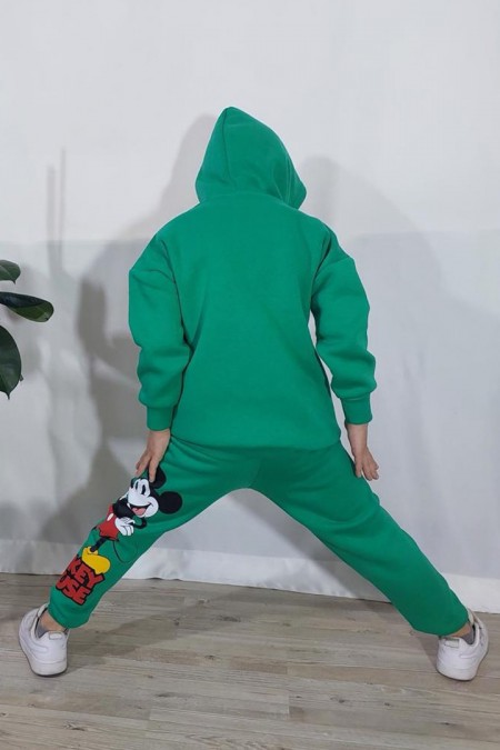 Üç İplik Şardonlu Kapşonlu Baskılı Yeşil Takım 