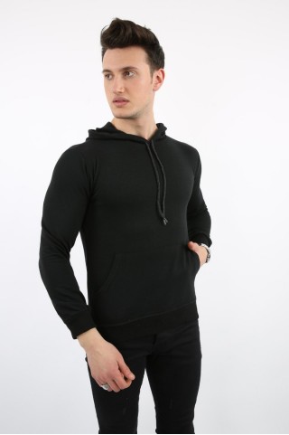 Kapşonlu Düz Siyah Sweat