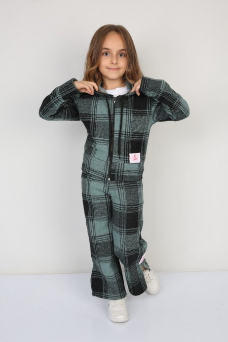 Şardonlu Pamuklu Jakar Kumaş Kareli 3 lü Haki Takım