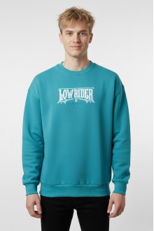 Erkek Yeşil Oversize Lowrider Sunday Nakışlı Bisiklet Yaka Pamuklu Sweatshirt