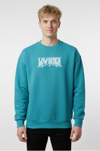 Erkek Yeşil Oversize Lowrider Sunday Nakışlı Bisiklet Yaka Pamuklu Sweatshirt