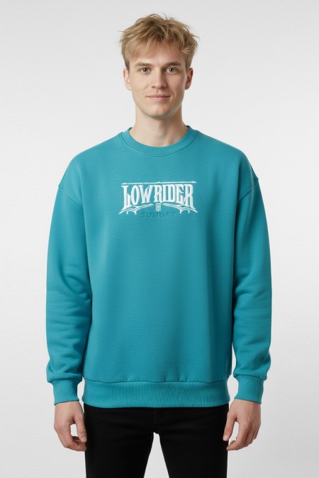 Erkek Yeşil Oversize Lowrider Sunday Nakışlı Bisiklet Yaka Pamuklu Sweatshirt