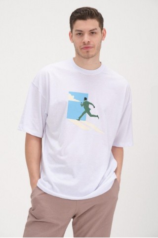 30/1 Penye Baskılı Oversize Beyaz Tişört 