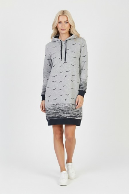 Kadın Gri Martı Desenli Kapüşonlu Cepli Uzun Kollu Jakarlı İnterlok Penye Sweatshirt Elbise