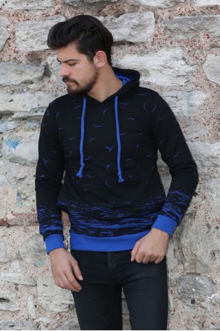 Üç İplik Kapşonlu Martı Desenli Erkek Günlük Sweatshirt