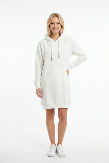 Kadın Beyaz Kapüşonlu Kanguru Cep Detaylı Uzun Kollu  Sweatshirt Tunik Elbise