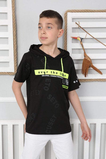 Kapşonlu Baskılı %100 Cotton Kumaş Siyah Tişört