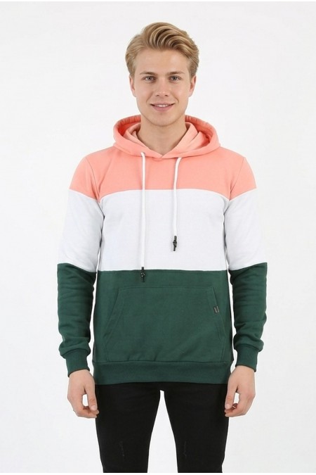 Erkek Üç İplik Şardonlu Kapüşonlu Parçalı Kanguru Cepli Günlük Sweatshirt