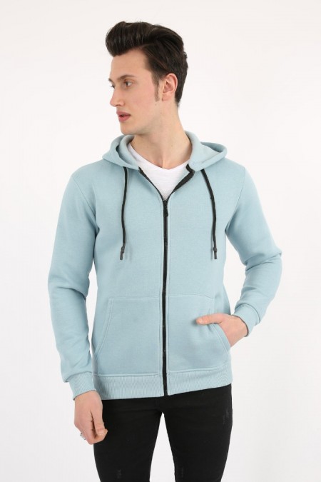 Düz Kapşonlu Fermuarlı Mavi Sweat