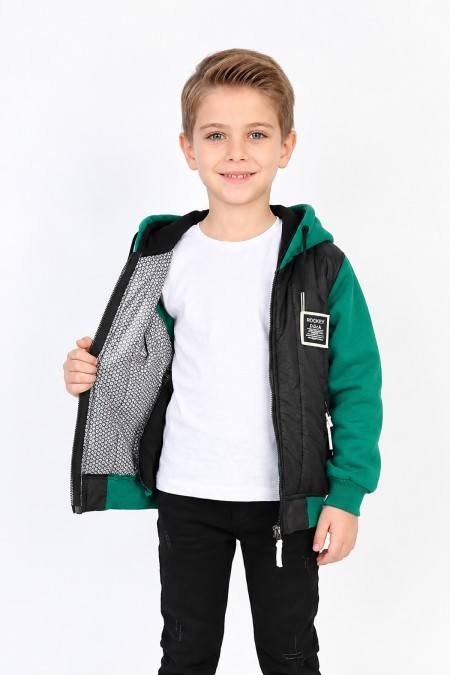  Erkek Çocuk Üç İplik Armalı Kapüşonlu Fermuarlı İçi Termal Kolları Polar Günlük Sweatshirt