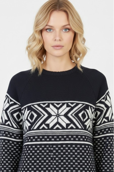  Kadın Lacivert Kar Tanesi Desenli Bisiklet Yaka Raglan Kol Jakarlı Triko Mini Kazak Tunik 