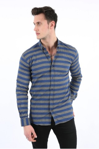 Çizgili Full Likralı Saks Gömlek