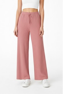 Kadın Pembe Yüksek Bel Fitilli Örme Bağcıklı Esnek Likralı Geniş Paça Pantolon