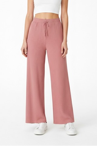 Kadın Pembe Yüksek Bel Fitilli Örme Bağcıklı Esnek Likralı Geniş Paça Pantolon