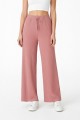 Kadın Pembe Yüksek Bel Fitilli Örme Bağcıklı Esnek Likralı Geniş Paça Pantolon