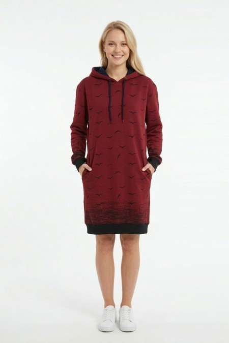 Kadın BordoMartı Desenli Kapüşonlu Cepli Uzun Kollu Jakarlı İnterlok Penye Sweatshirt Elbise 