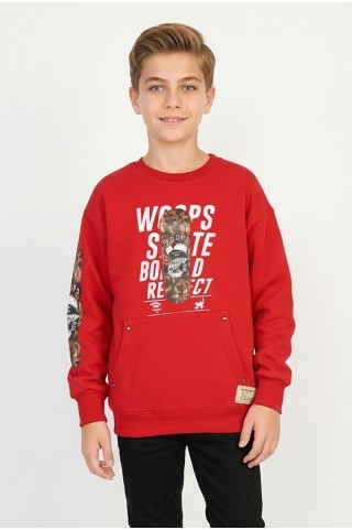 Erkek Çocuk Üç İplik Şardonlu Ön Ve Kol Baskılı Kanguru Cepli  Günlük Sweatshirt
