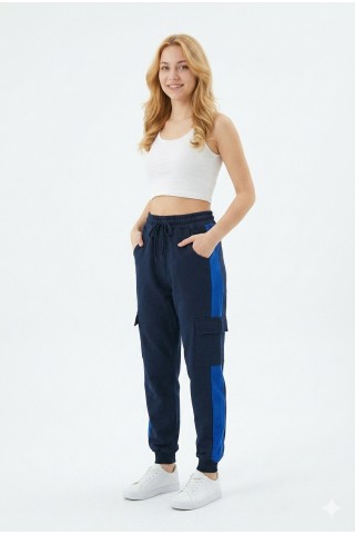 Kadın Şeritli Kargo Cepli Rahat Kesim Lastik Paçalı Günlük Spor Alt Eşofman