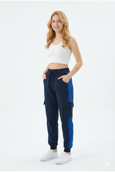 Kadın Şeritli Kargo Cepli Rahat Kesim Lastik Paçalı Günlük Spor Alt Eşofman