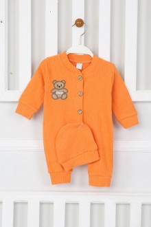 Şardonlu Bear Düğmeli Şapkalı Turuncu Tulum 