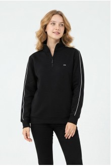 Kadın Yarım Fermuarlı Kolu Tek Çizgili Armalı Günlük Rahat Kesim Sweatshirt