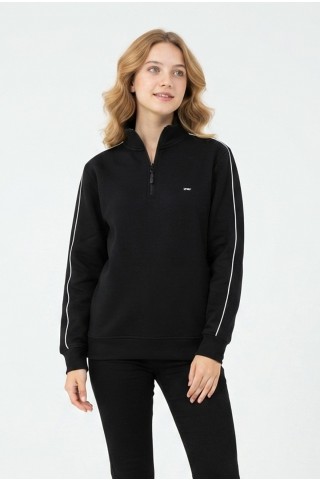 Kadın Yarım Fermuarlı Kolu Tek Çizgili Armalı Günlük Rahat Kesim Sweatshirt