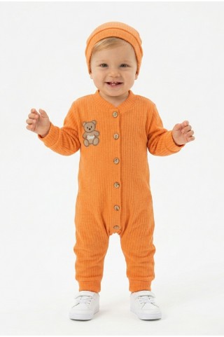 Şardonlu Bear Düğmeli Şapkalı Turuncu Tulum 