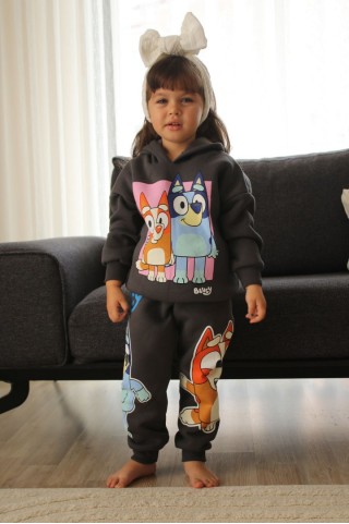 Üç İplik Şardonlu Kapşonlu Arka Baskılı Siyah Takım 