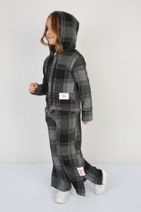 Şardonlu Pamuklu Jakar Kumaş Kareli 3 lü Gri Takım