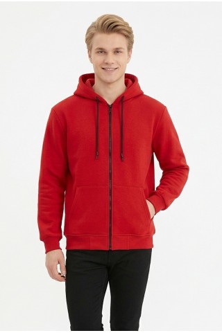 Üç İplik Düz Kapşonlu Fermuarlı Kanguru Cepli Erkek Günlük Sweatshirt