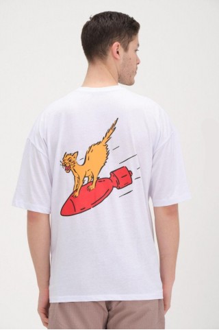 30/1 Penye Arka Baskılı Oversize Beyaz Tişört 