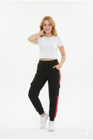 Kadın Şeritli Kargo Cepli Rahat Kesim Lastik Paçalı Günlük Spor Alt Eşofman