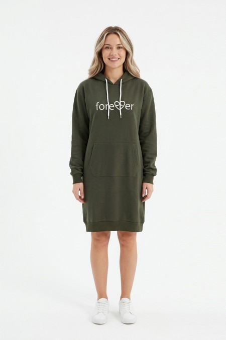 Kadın Haki Forever Baskılı Kapüşonlu Kanguru Cepli Uzun Sweatshirt Tunik Elbise