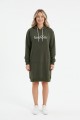 Kadın Haki Forever Baskılı Kapüşonlu Kanguru Cepli Uzun Sweatshirt Tunik Elbise
