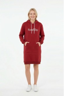Kadın Bordo Forever Baskılı Kapüşonlu Kanguru Cepli Uzun Sweatshirt Tunik Elbise