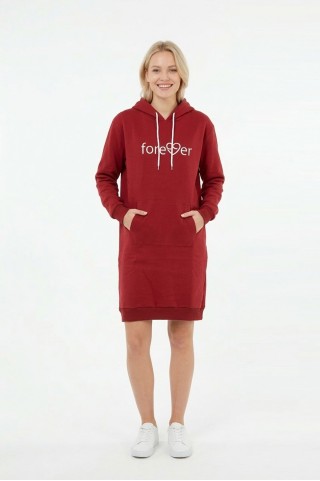 Kadın Bordo Forever Baskılı Kapüşonlu Kanguru Cepli Uzun Sweatshirt Tunik Elbise