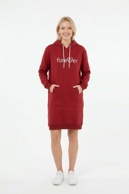 Kadın Bordo Forever Baskılı Kapüşonlu Kanguru Cepli Uzun Sweatshirt Tunik Elbise