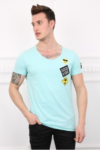 Aramalı O Yaka Yeşil Tişört