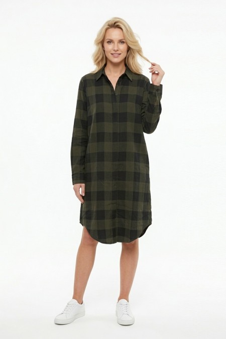Kadın Haki Siyah Ekose Desenli Düğmeli Uzun Kollu Pamuklu Gömlek Tunik Elbise