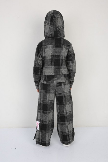 Şardonlu Pamuklu Jakar Kumaş Kareli 3 lü Gri Takım