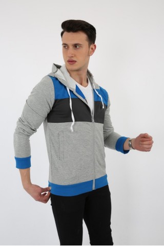 Parçalı Kapşonlu Fermuarlı Erkek Günlük Sweatshirt