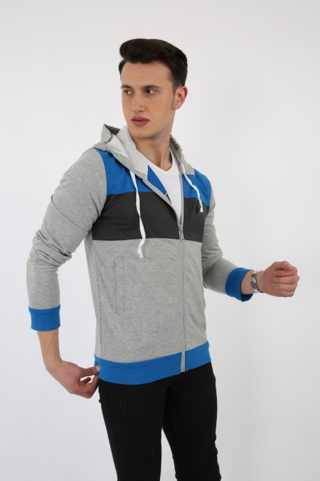 Parçalı Kapşonlu Fermuarlı Erkek Günlük Sweatshirt