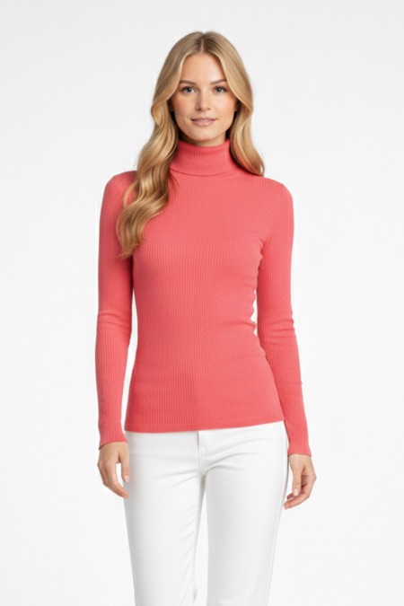 Kadın Pembe Balıkçı Yaka Uzun Kollu Fitilli Slim Fit Şık Günlük Triko Body