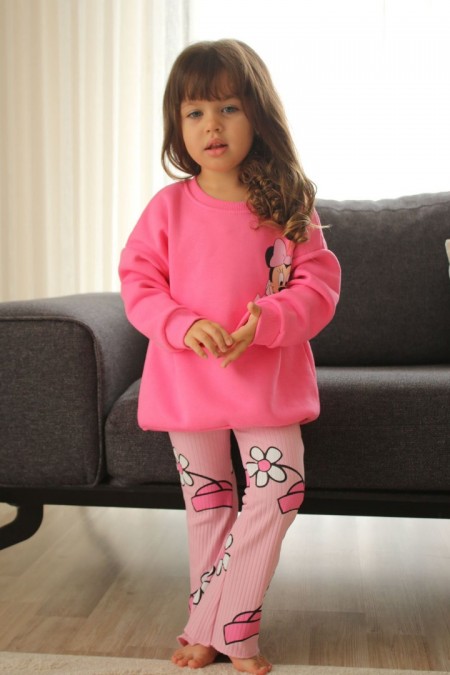 Üç İplik Şardonlu Baskılı Pembe Takım 