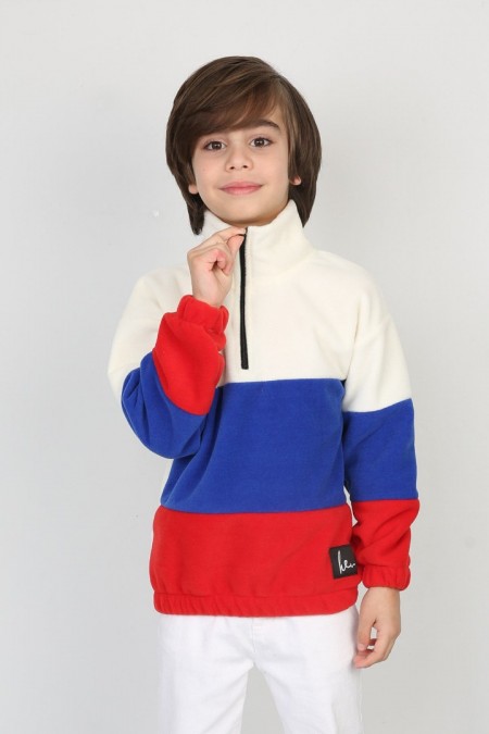 Full Polar Kumaş Yarım Fermuarlı Garnili Saks Sweat