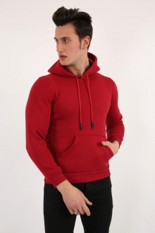  3 İplik Şardonlu Kapşonlu Düz Bordo Sweat