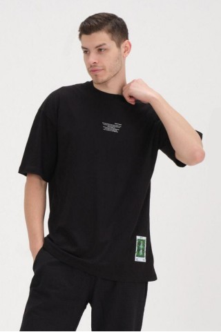 30/1 Penye Baskılı Oversize Siyah Tişört 